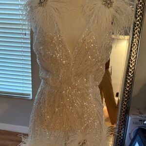 NADINE MERABI Cream Sequin Feather Mini Dress